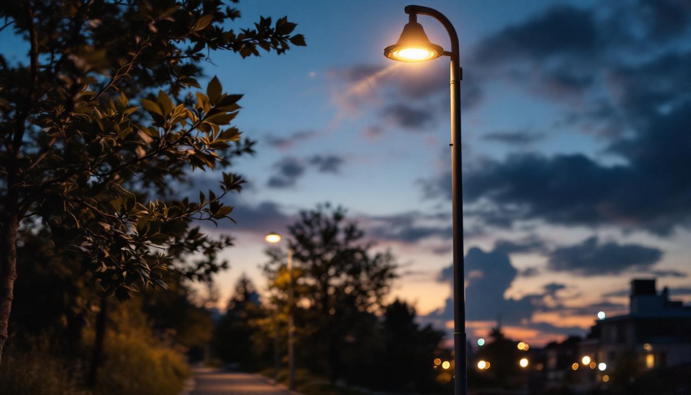 A photograph of a well-designed commercial lamp post in an urban setting during dusk
