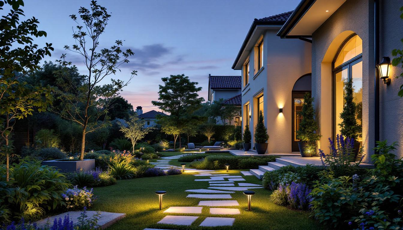 A photograph of a beautifully designed outdoor space featuring various solar outdoor lights illuminating pathways
