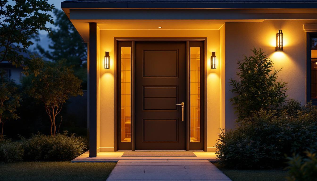 A photograph of an inviting exterior door illuminated by stylish outdoor lighting fixtures