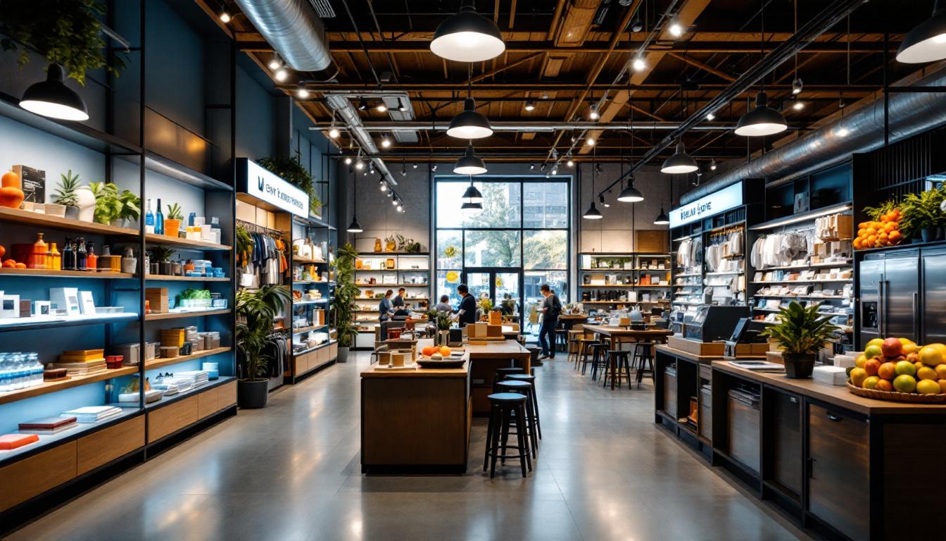 A photograph of a well-lit retail space featuring low bay led shop lights