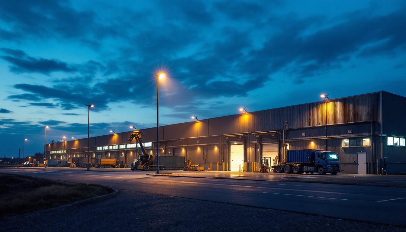 A photograph of a well-lit industrial site at dusk
