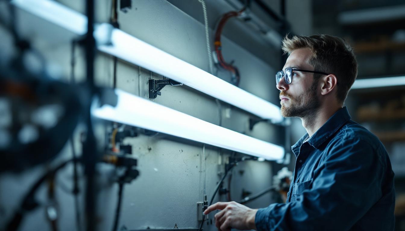 A photograph of a well-lit workspace featuring an electrical engineer examining a fluorescent strip light installation