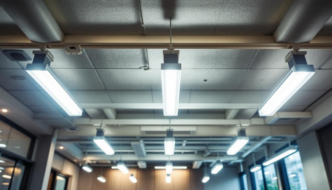 A photograph of a well-lit commercial space featuring suspended ceiling fluorescent lights
