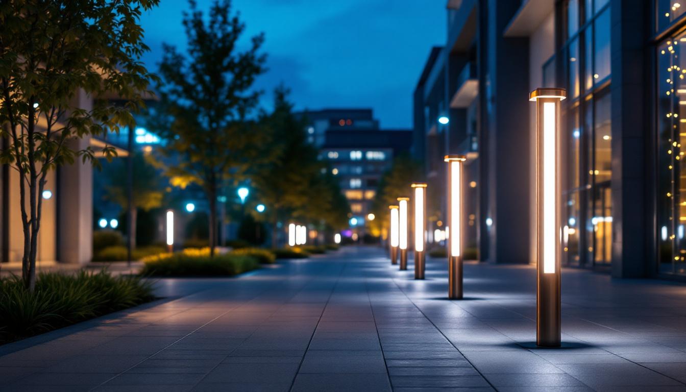 A photograph of capture a photograph of a modern commercial environment illuminated by led bollard lights at dusk