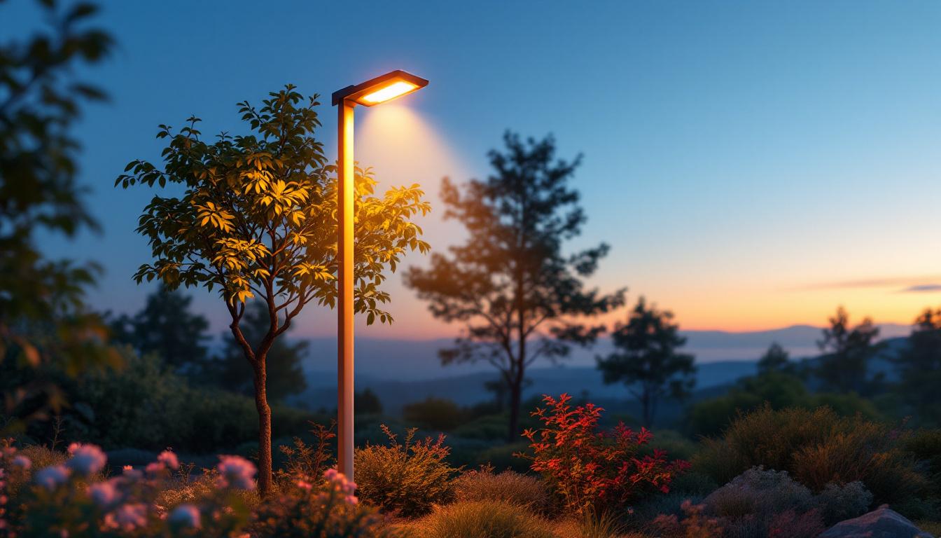 A photograph of a sleek solar-powered pole light illuminating a beautifully landscaped outdoor setting during dusk