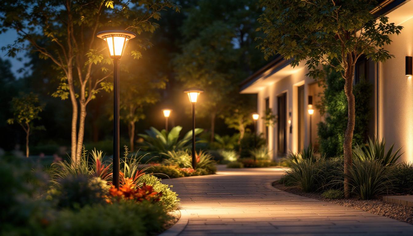A photograph of a beautifully illuminated outdoor space featuring solar-powered pole lights strategically placed among landscaping