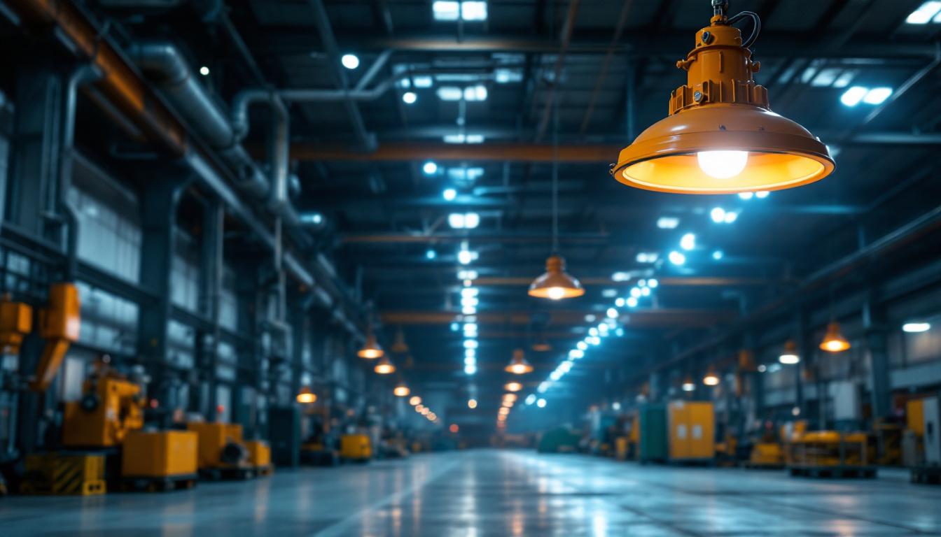 A photograph of a well-lit industrial setting featuring explosion-proof light fixtures in use