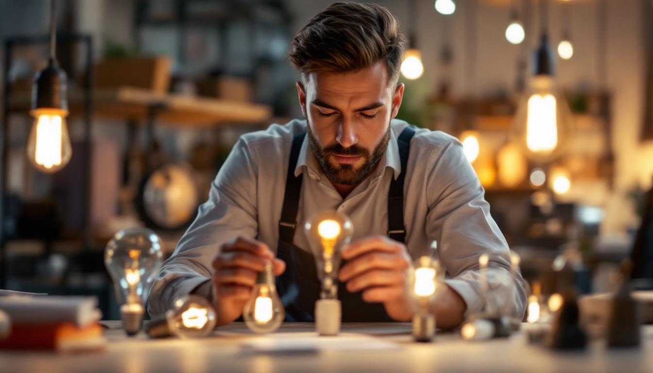 A photograph of a modern electrical engineer examining a variety of innovative lamp bulbs in a well-lit workspace