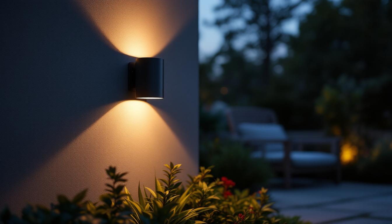 A photograph of a beautifully illuminated outdoor wall-mounted led light fixture in a landscaped setting during twilight