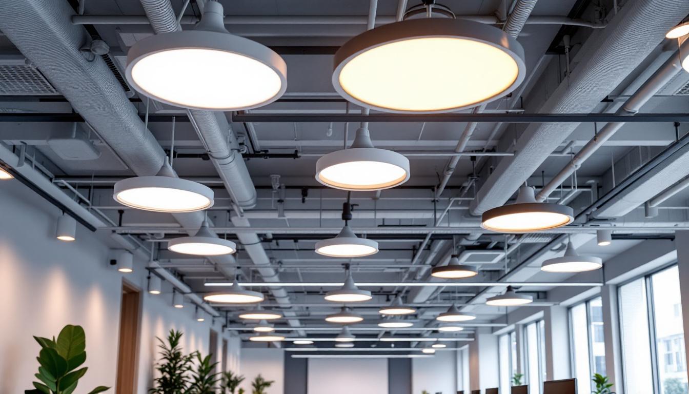 A photograph of a modern office space featuring various ceiling lighting designs