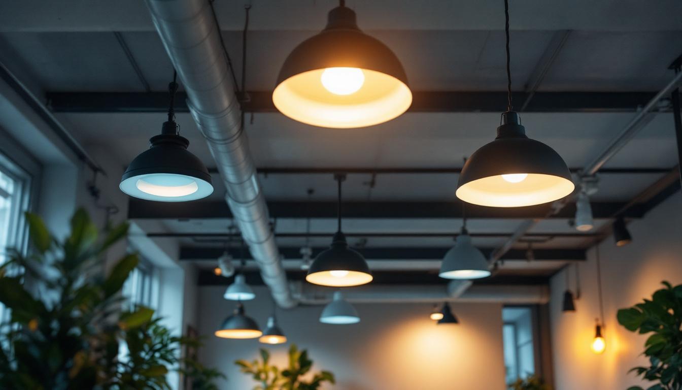 A photograph of a well-lit interior space showcasing various drop ceiling lights in use