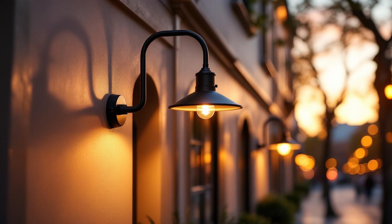 A photograph of a stylish exterior gooseneck light installed on a charming building facade during the golden hour