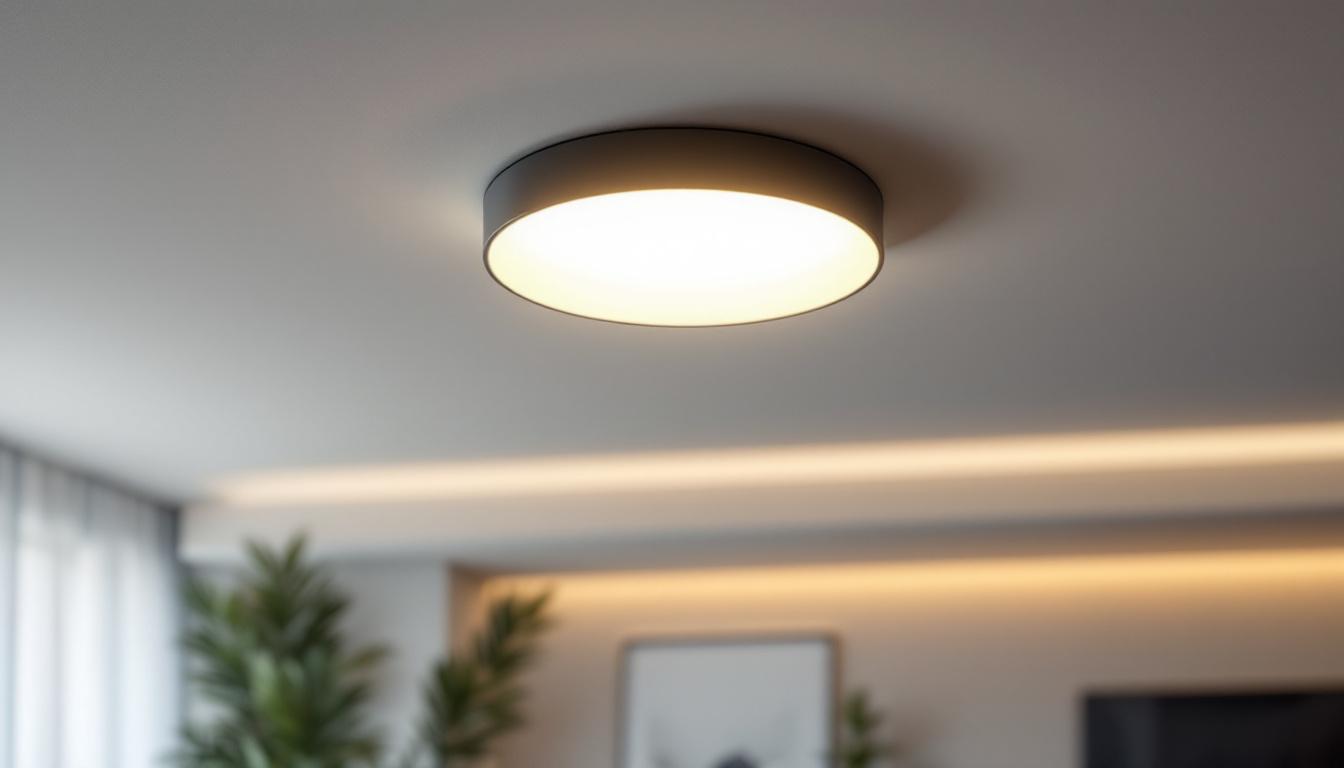 A photograph of a modern flush mount ceiling light fixture illuminated in a stylish interior setting
