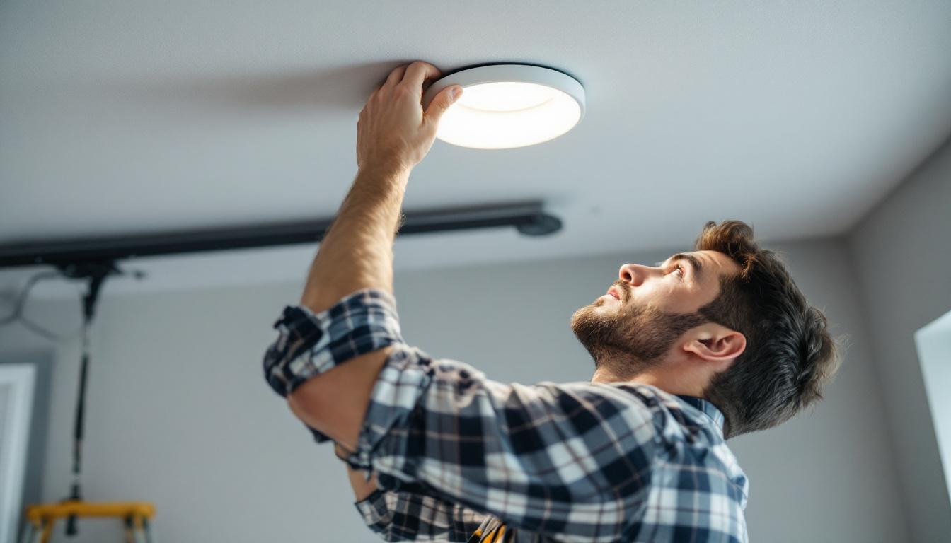 A photograph of capture a photograph of an electrical engineer or contractor installing an 8-inch recessed lighting fixture in a modern ceiling