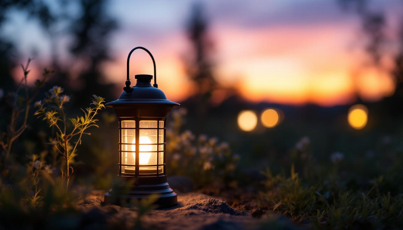 A photograph of a solar led lantern illuminated in an outdoor setting during twilight