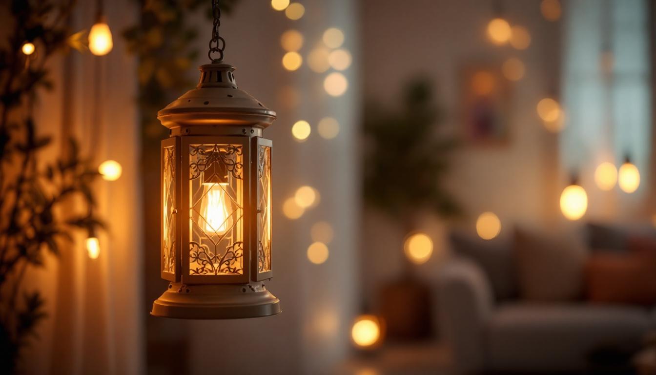 A photograph of a beautifully designed led hanging lantern in a cozy