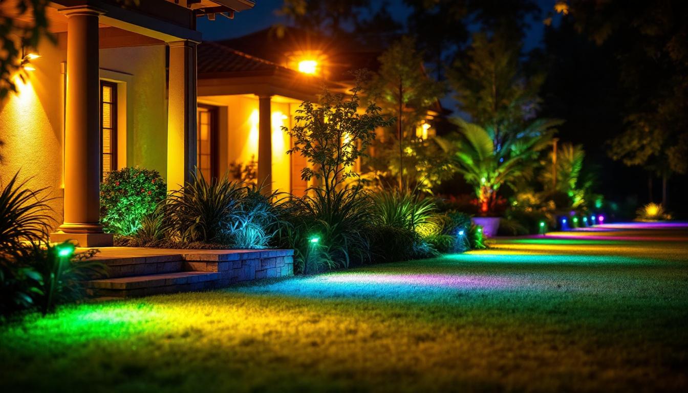A photograph of a vibrant outdoor scene illuminated by colored flood lights