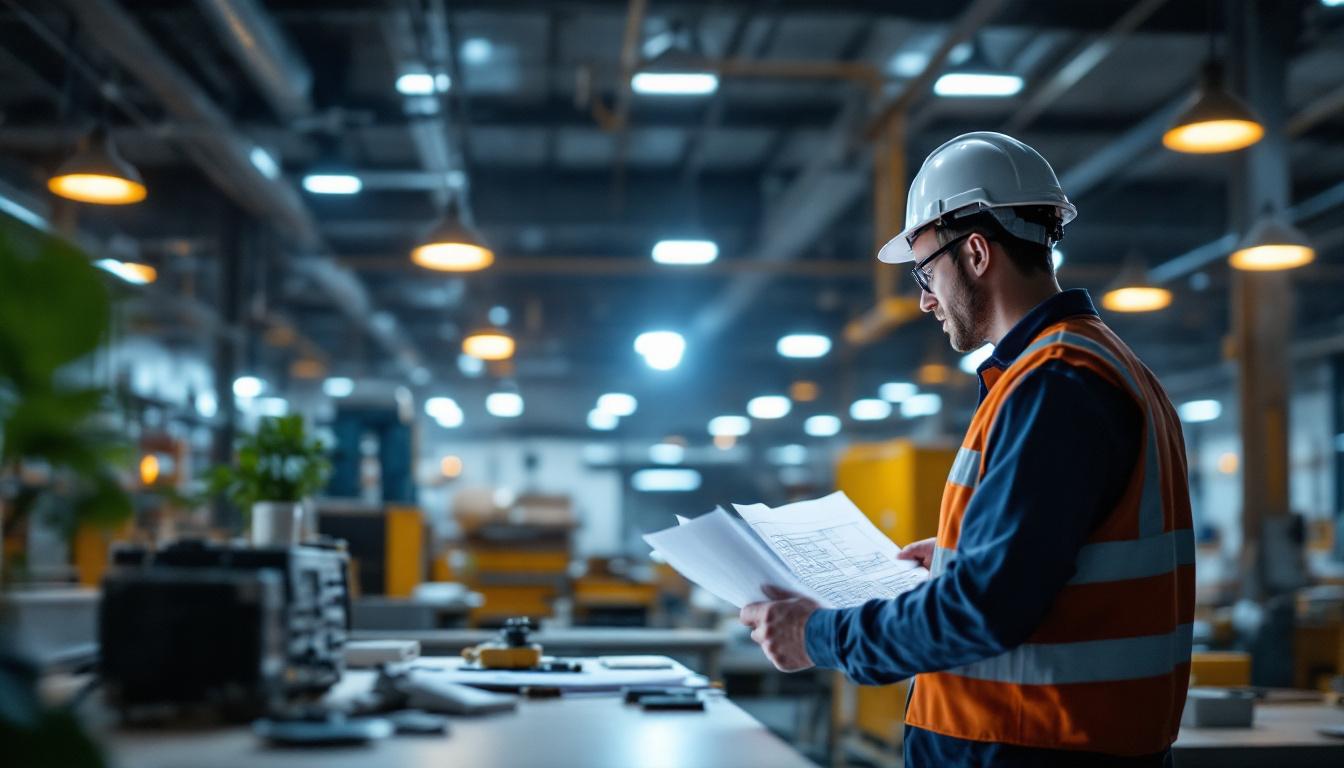 A photograph of a well-lit industrial workspace featuring high bay led shop lights illuminating the area