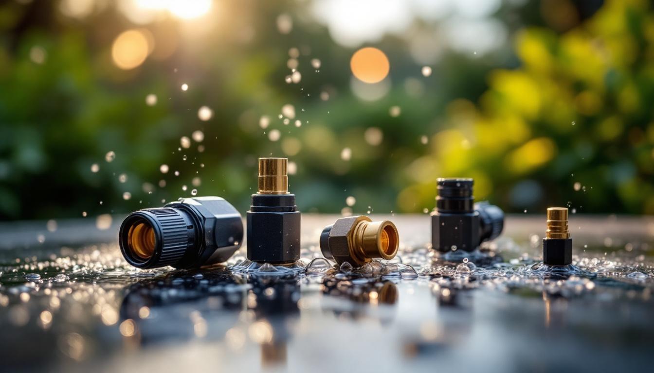 A photograph of a close-up shot of various waterproof 12v connectors in a well-lit outdoor setting