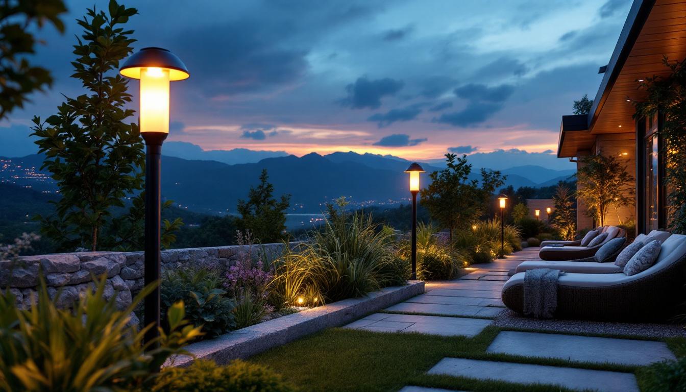 A photograph of a beautifully designed outdoor space featuring commercial solar-powered lights