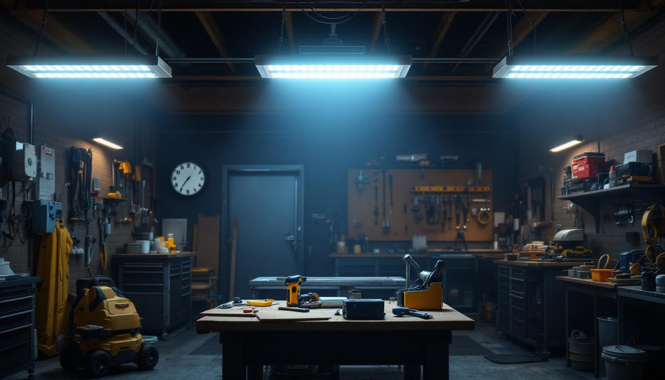 A photograph of a well-lit workshop or garage scene featuring multiple led 8-foot shop lights in action