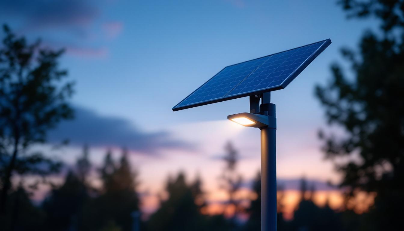 A photograph of a well-designed solar pole light installed in an outdoor setting