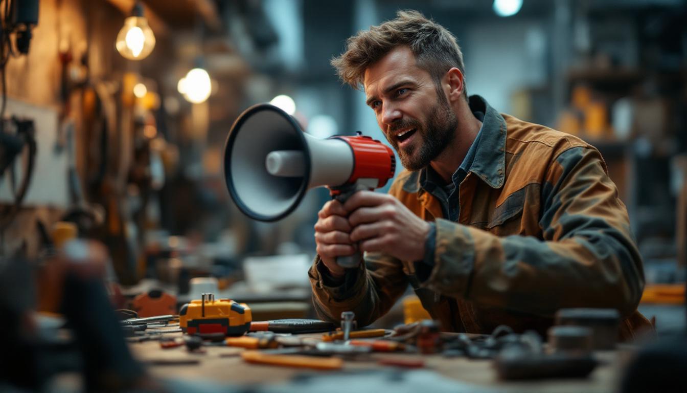 A photograph of a focused electrical engineer in a workshop or outdoor setting