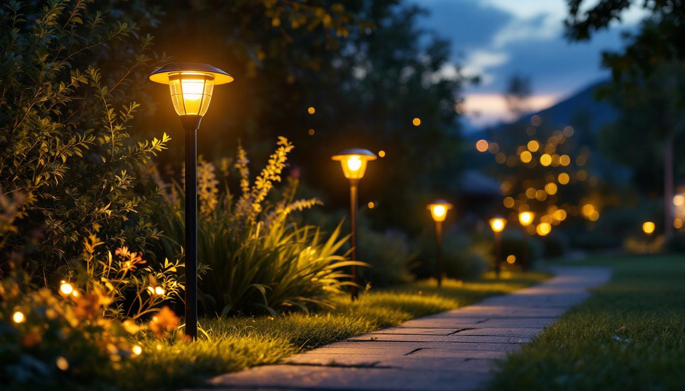 A photograph of a beautifully lit outdoor scene featuring various solar lights in use