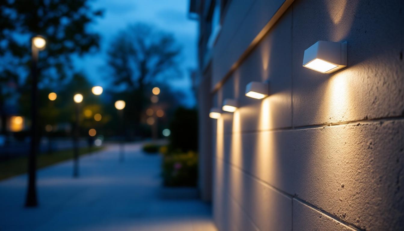 A photograph of a well-lit outdoor setting featuring various wall pack light fixtures installed on a building's exterior