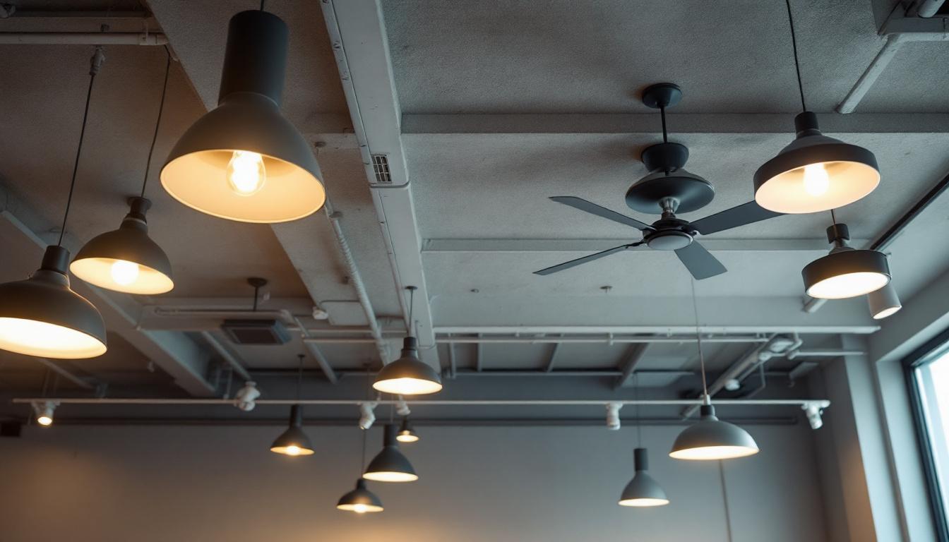 A photograph of a modern drop ceiling installation showcasing various stylish light fixtures