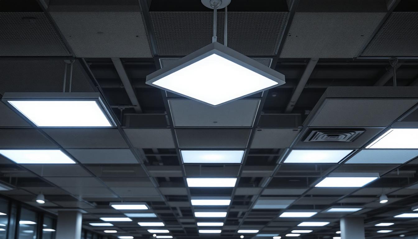 A photograph of a well-lit commercial space showcasing various styles of troffer lights installed in the ceiling