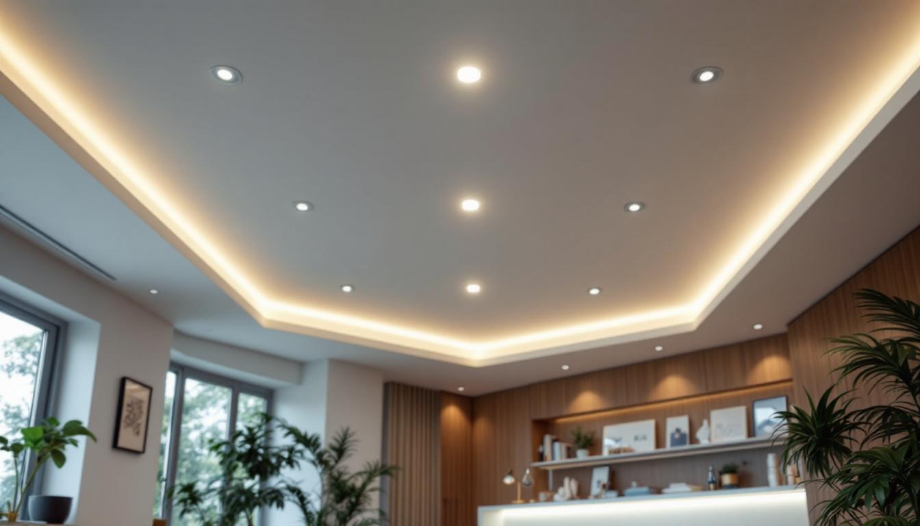 A photograph of a well-lit room featuring a modern drop ceiling with 2x2 led lights installed