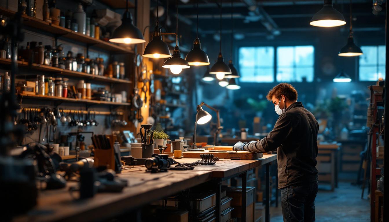 A photograph of a well-lit workshop or retail space showcasing various types of shop lights in use