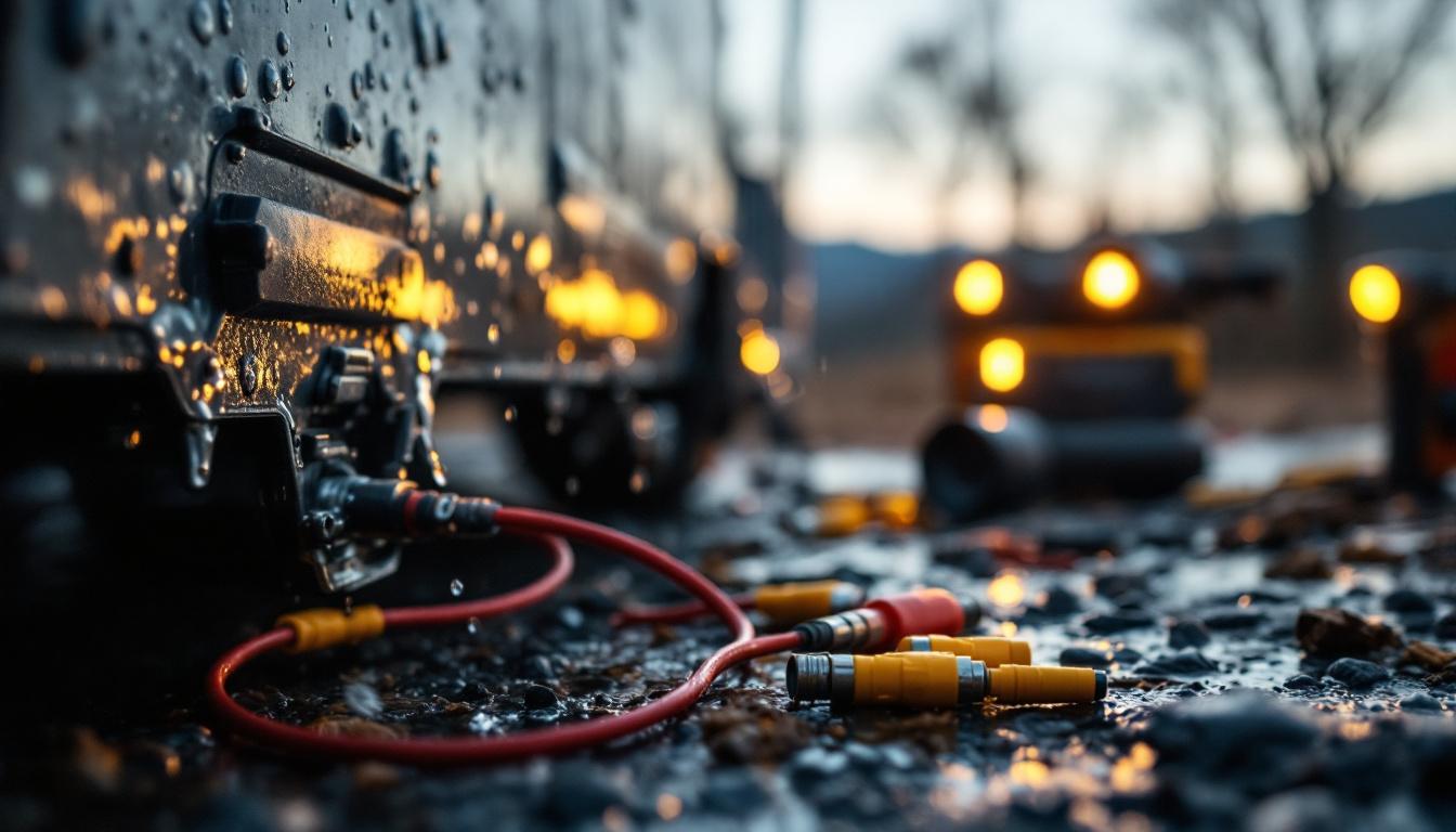 A photograph of a close-up shot of high-quality waterproof trailer wire connectors being installed or tested in a rugged outdoor setting
