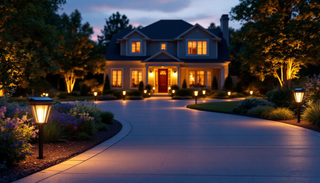 A photograph of a beautifully illuminated driveway featuring solar led lights in a residential setting during twilight