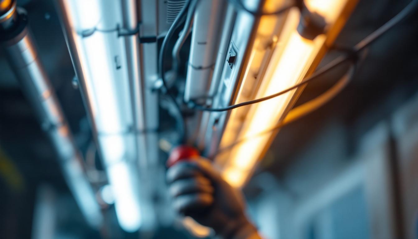 A photograph of a close-up shot of a fluorescent light fixture being installed