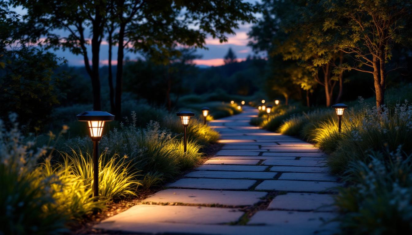 A photograph of a beautifully illuminated outdoor pathway at dusk