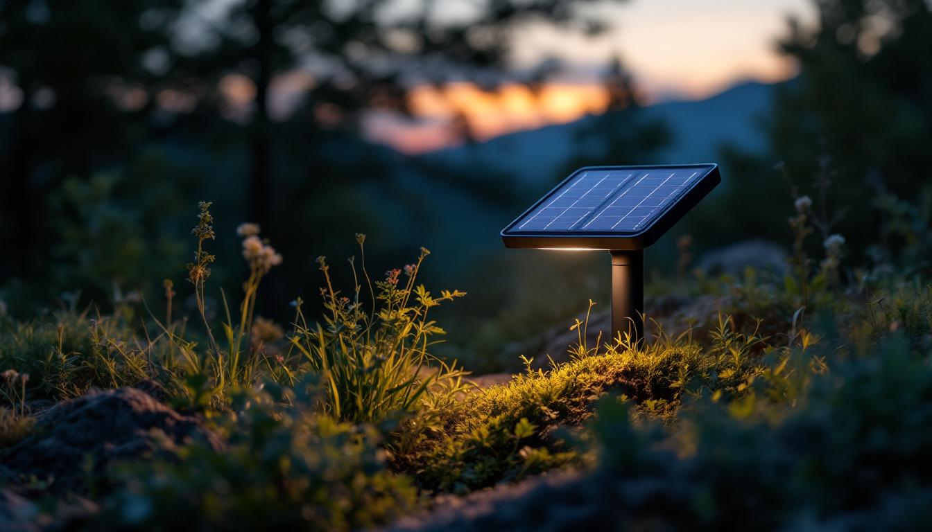 A photograph of a solar lamp with an integrated sensor in a natural outdoor setting