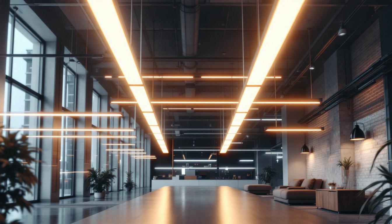 A photograph of a modern interior space featuring suspended linear led lighting fixtures