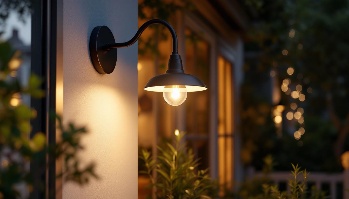 A photograph of a beautifully designed gooseneck exterior light fixture illuminating a charming outdoor space