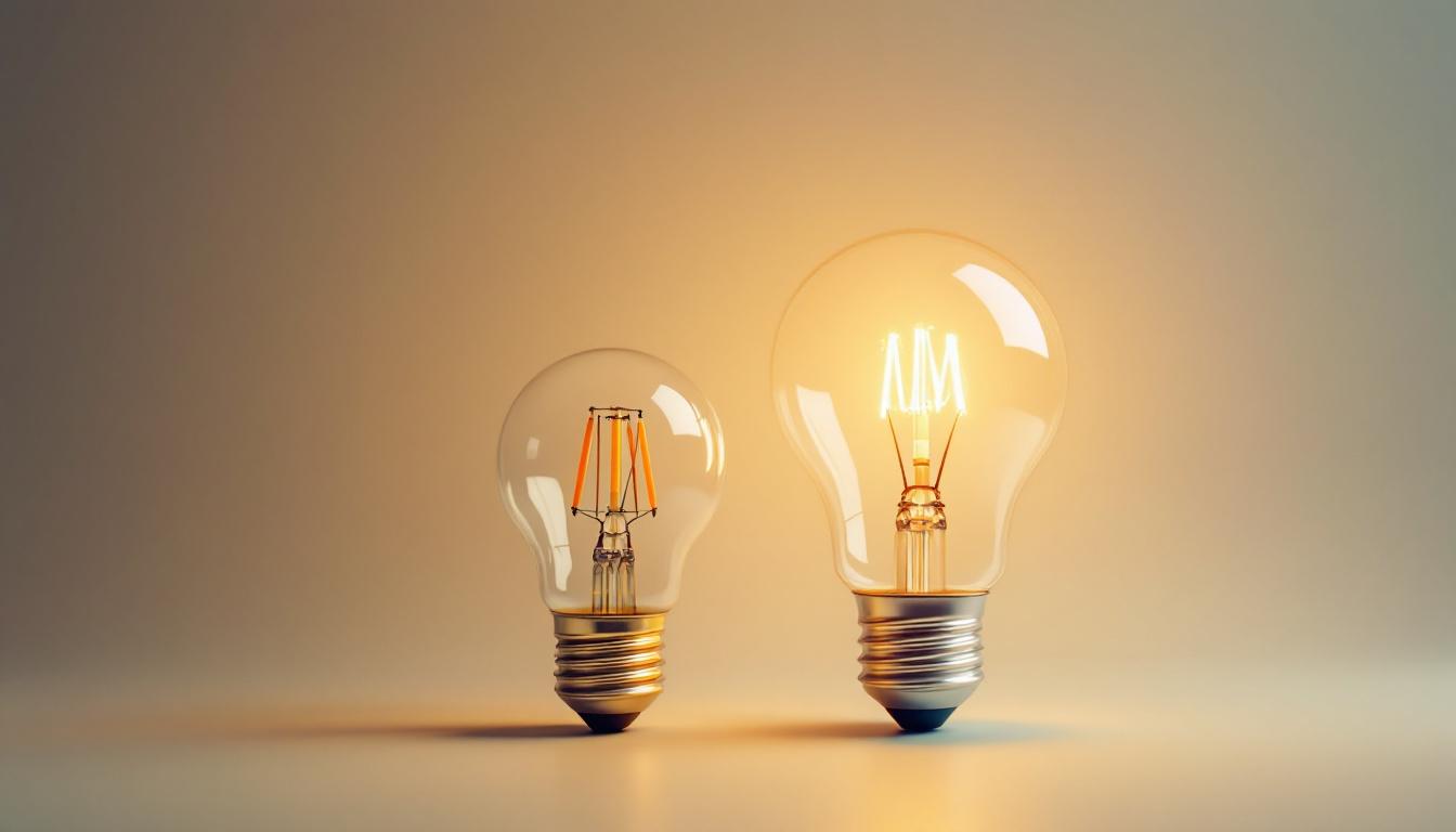 A photograph of a side-by-side comparison of an incandescent bulb and an led bulb