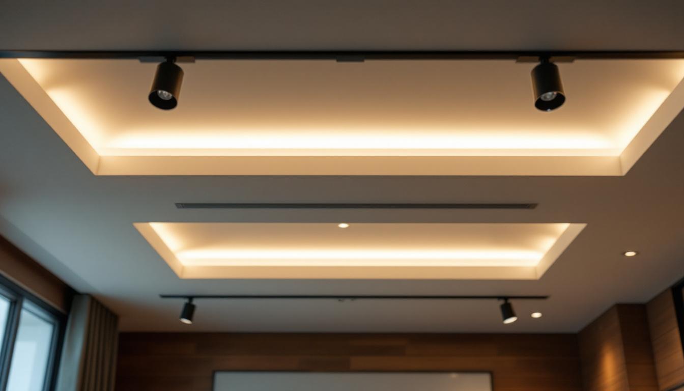 A photograph of capture a photograph of a stylishly designed drop ceiling with track lighting installed