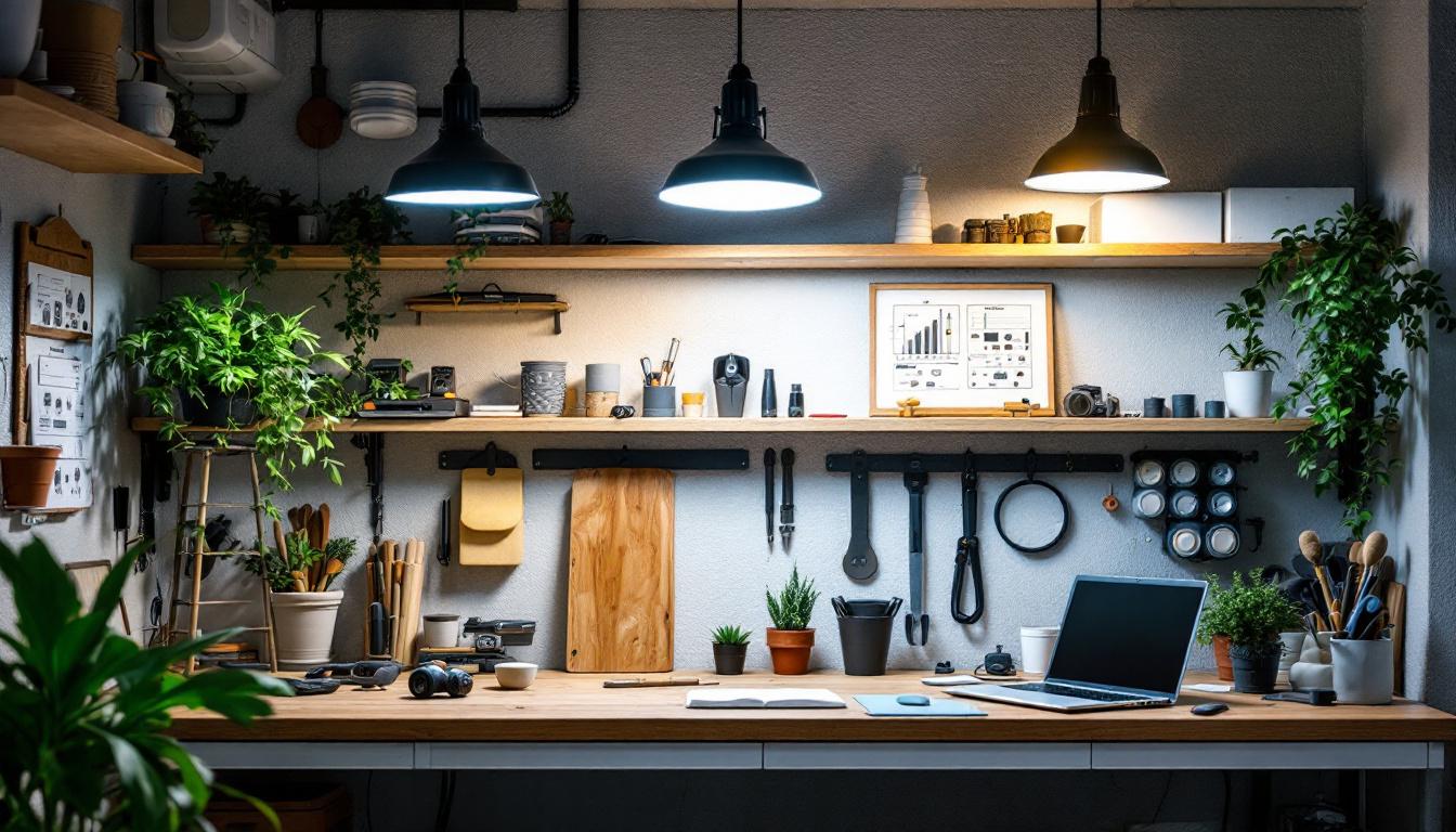 A photograph of a well-lit workspace featuring led 8' shop lights in use