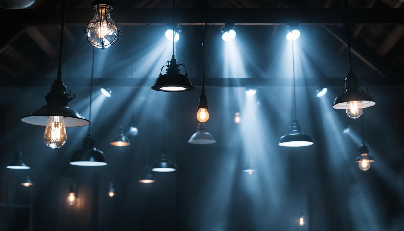 A photograph of a beautifully lit barn interior showcasing various industrial lighting fixtures