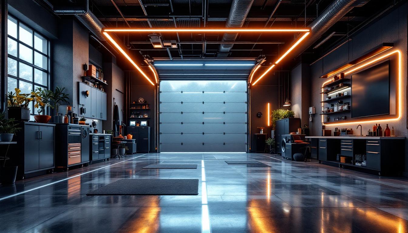 A photograph of a modern garage interior showcasing sleek