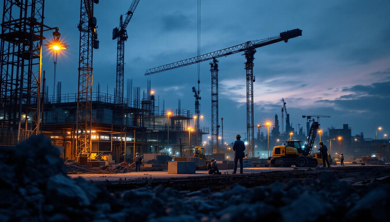 A photograph of a well-lit construction site at dusk
