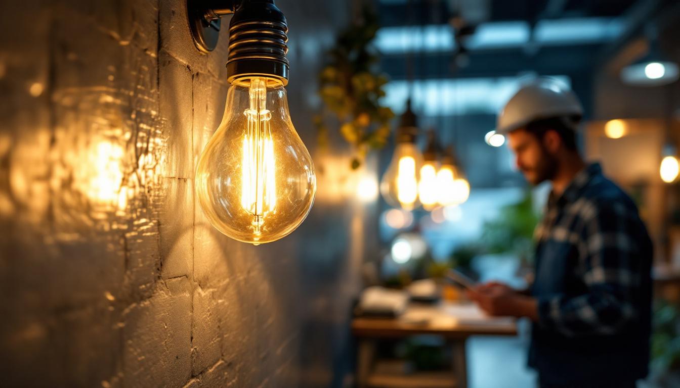 A photograph of a close-up of a glowing led 4-foot bulb installed in a modern workspace