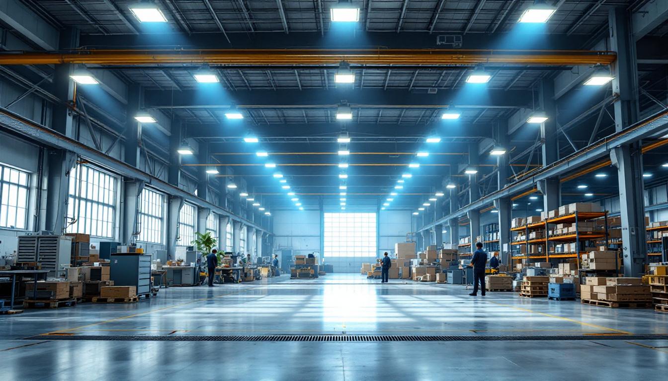 A photograph of a well-lit industrial space featuring high bay lights
