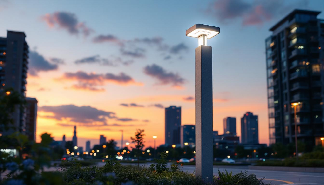 A photograph of a modern concrete light post illuminated at dusk