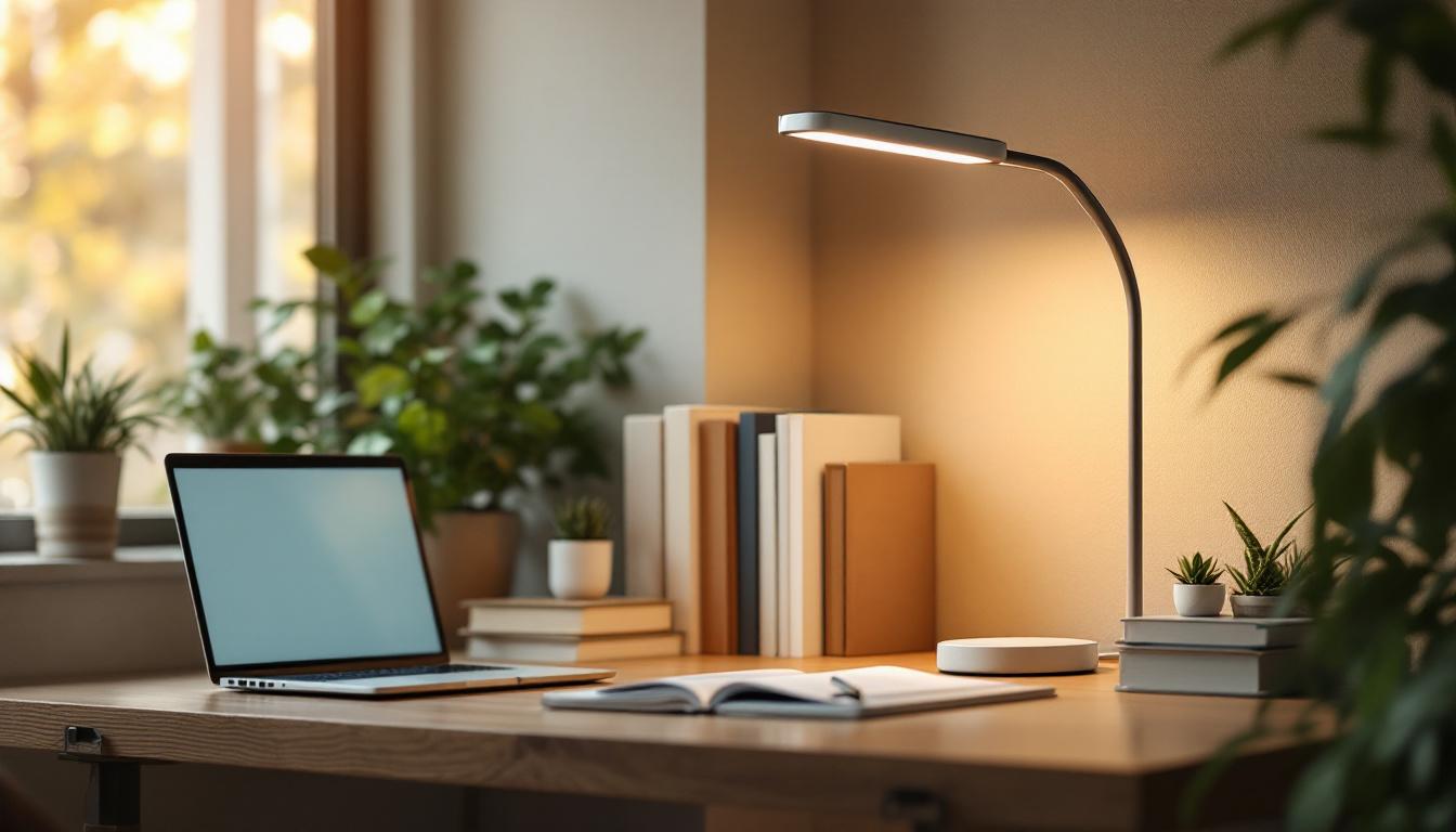 A photograph of a stylish solar-powered desk lamp in a cozy workspace setting